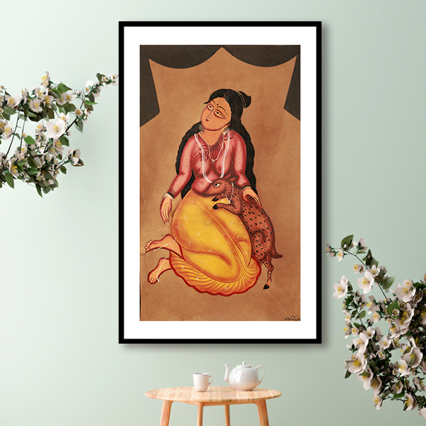 Woman Fostering a Fawn Kalighat Art Painting For Home Wall Art Decor 2