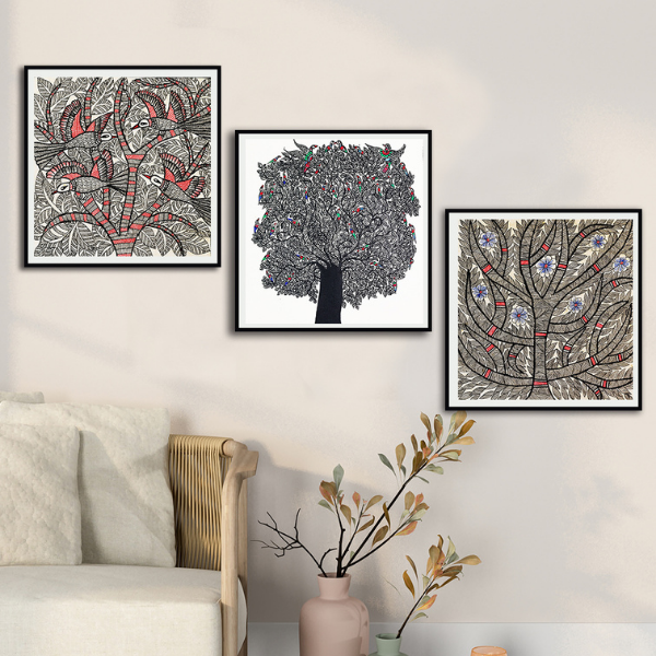 Song of Birds Set Of 3 Madhubani Art Paintings For Home Wall Decor