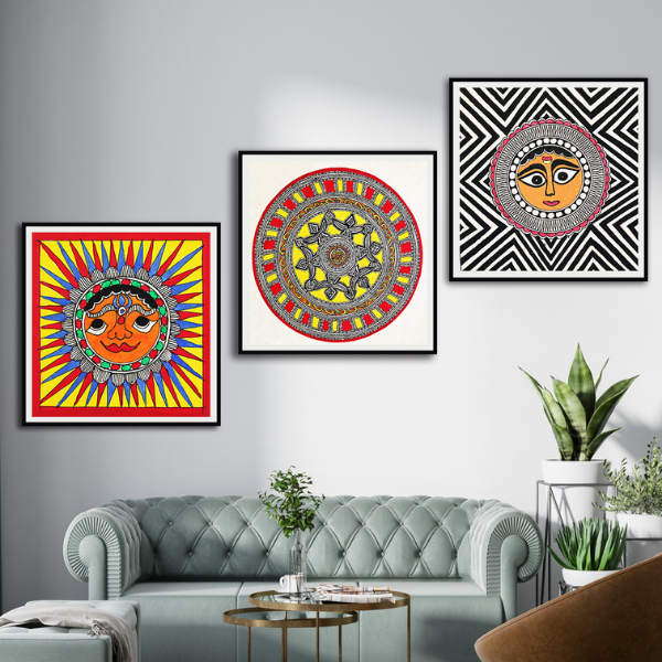 Sun's Abode Set Of 3 Madhubani Art Paintings For Home Wall Decor