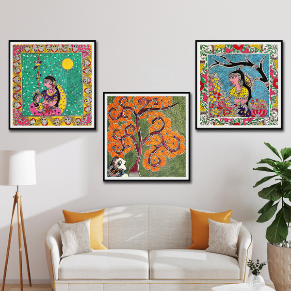 Season of Love Set Of 3 Madhubani Art Paintings For Home Wall Decor