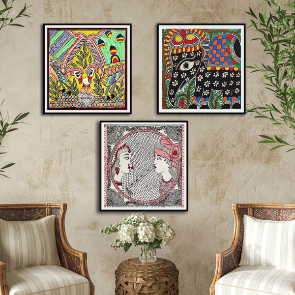 Enchanted Set Of 3 Madhubani Art Paintings For Home Wall Decor