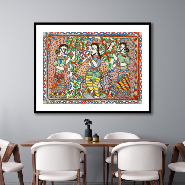 Krishna and Gopis Madhubani Art Painting For Home Wall Art Decor