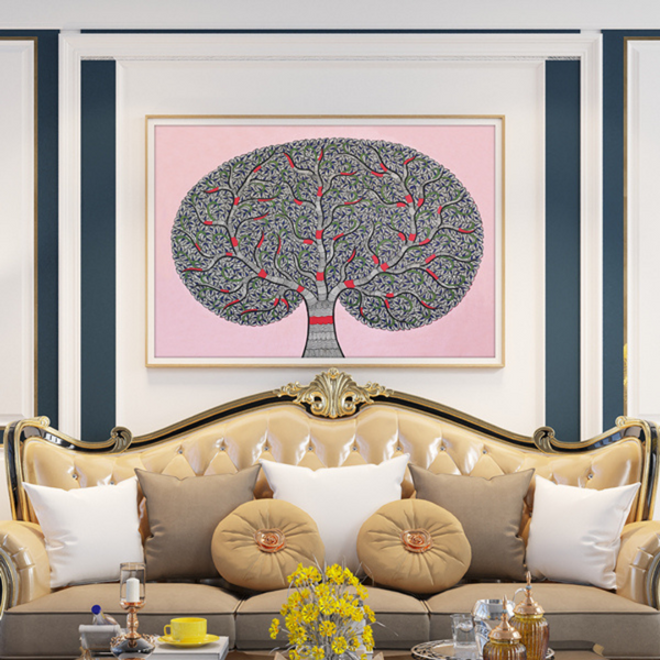 Landscape Auspicious Tree of Life Madhubani Art Painting For Home Wall Art Decor