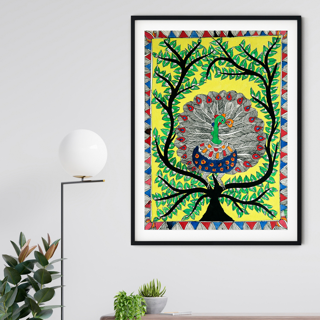 Peacock Spreading Wings Madhubani Art Painting For Home Wall Art Decor