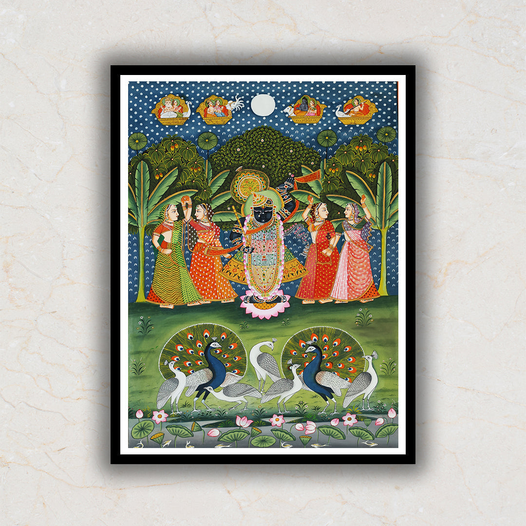 Shrinath ji With Gopis and Peacocks Pichwai Artwork For Home Decor
