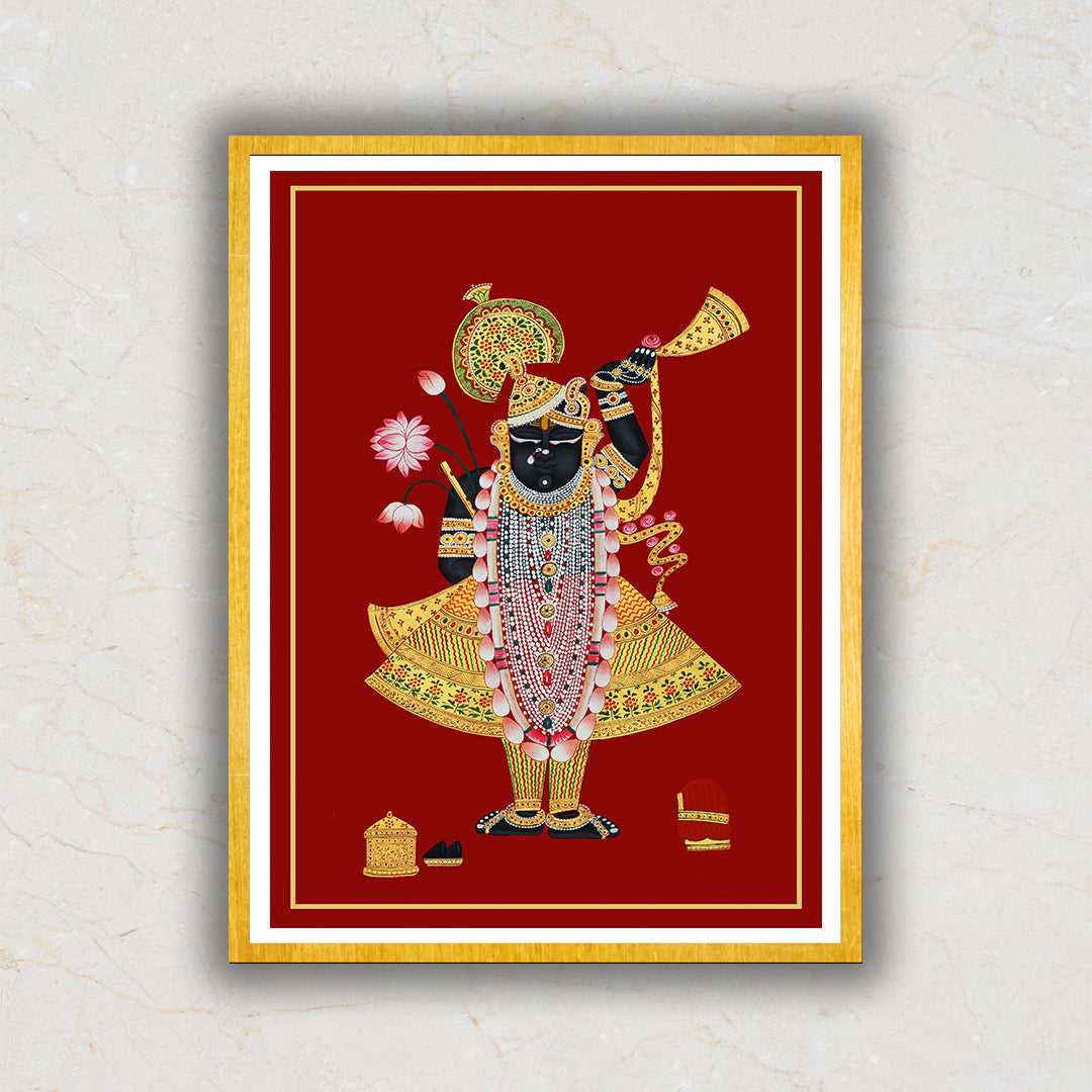 Red Background Gold Shrinath ji Pichwai Artwork Painting For Home Decor