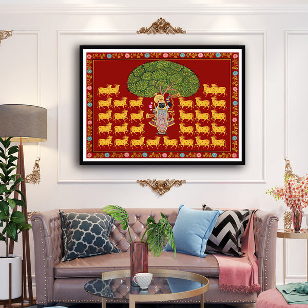 Maroon Background Shrinath ji Gold Cows Pichwai Artwork For Home Decor 