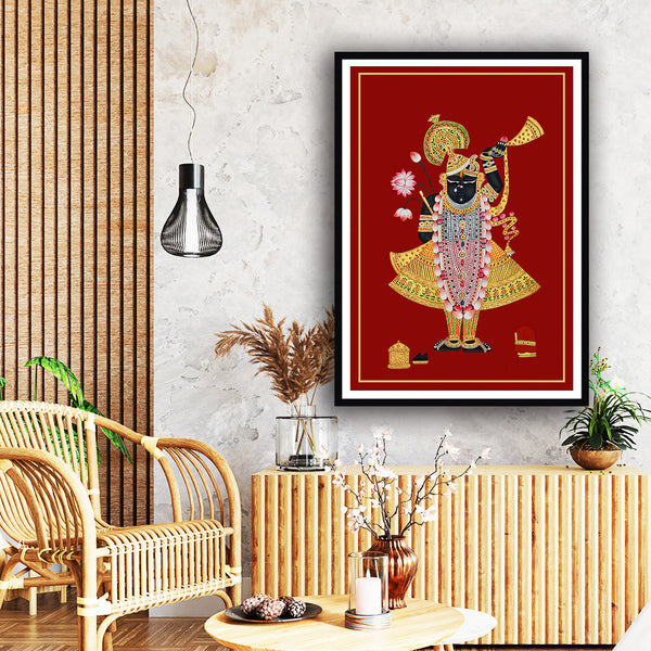 Red Background Gold Shrinath ji Pichwai Artwork Painting For Home Decor 