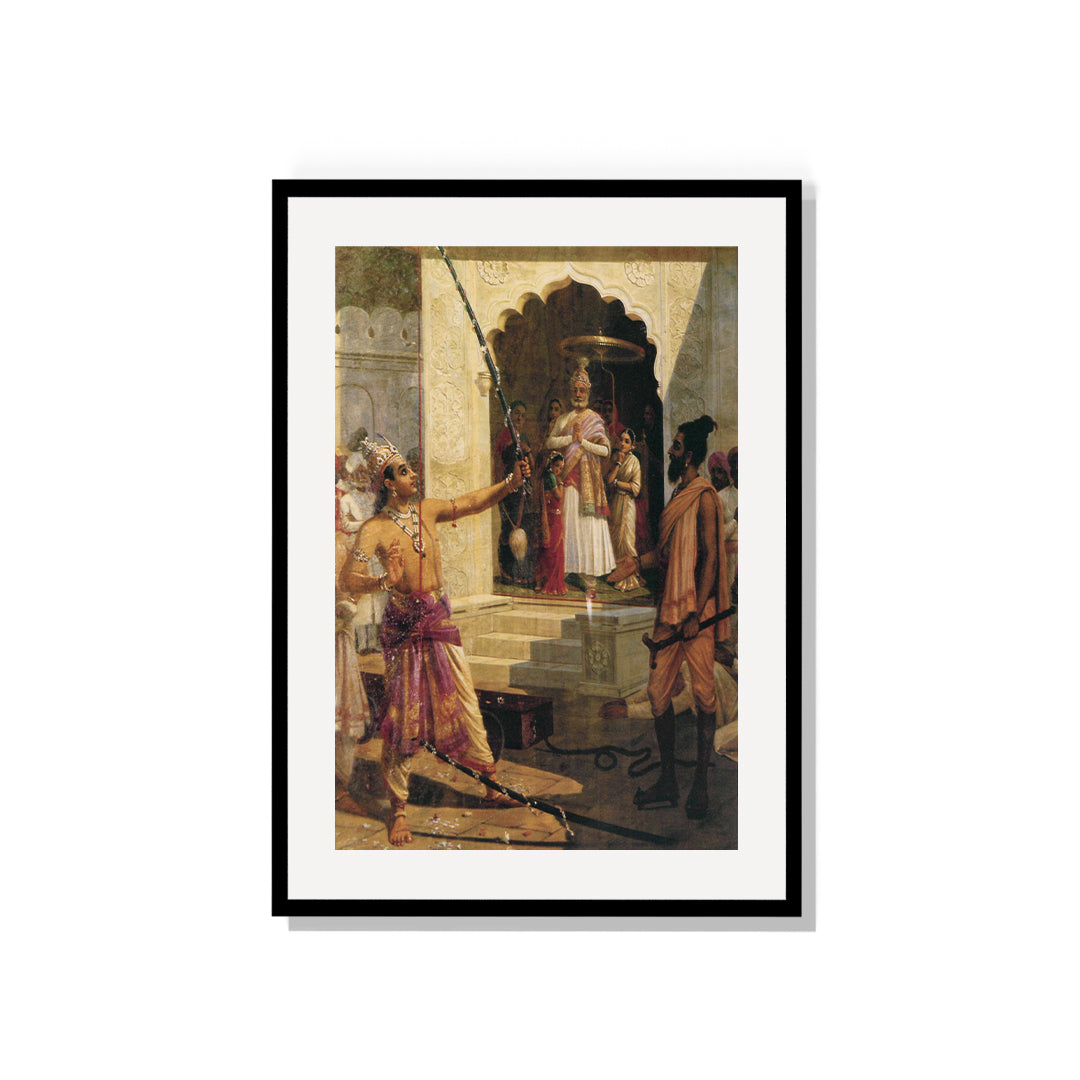 Raja Ravi Varma Artwork Painting - Rama breaks the bow