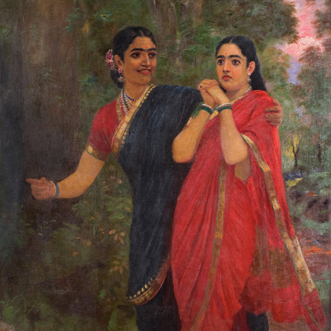 Raja Ravi Varma Artwork Painting - Simhika leads Sairandari to Keechaka