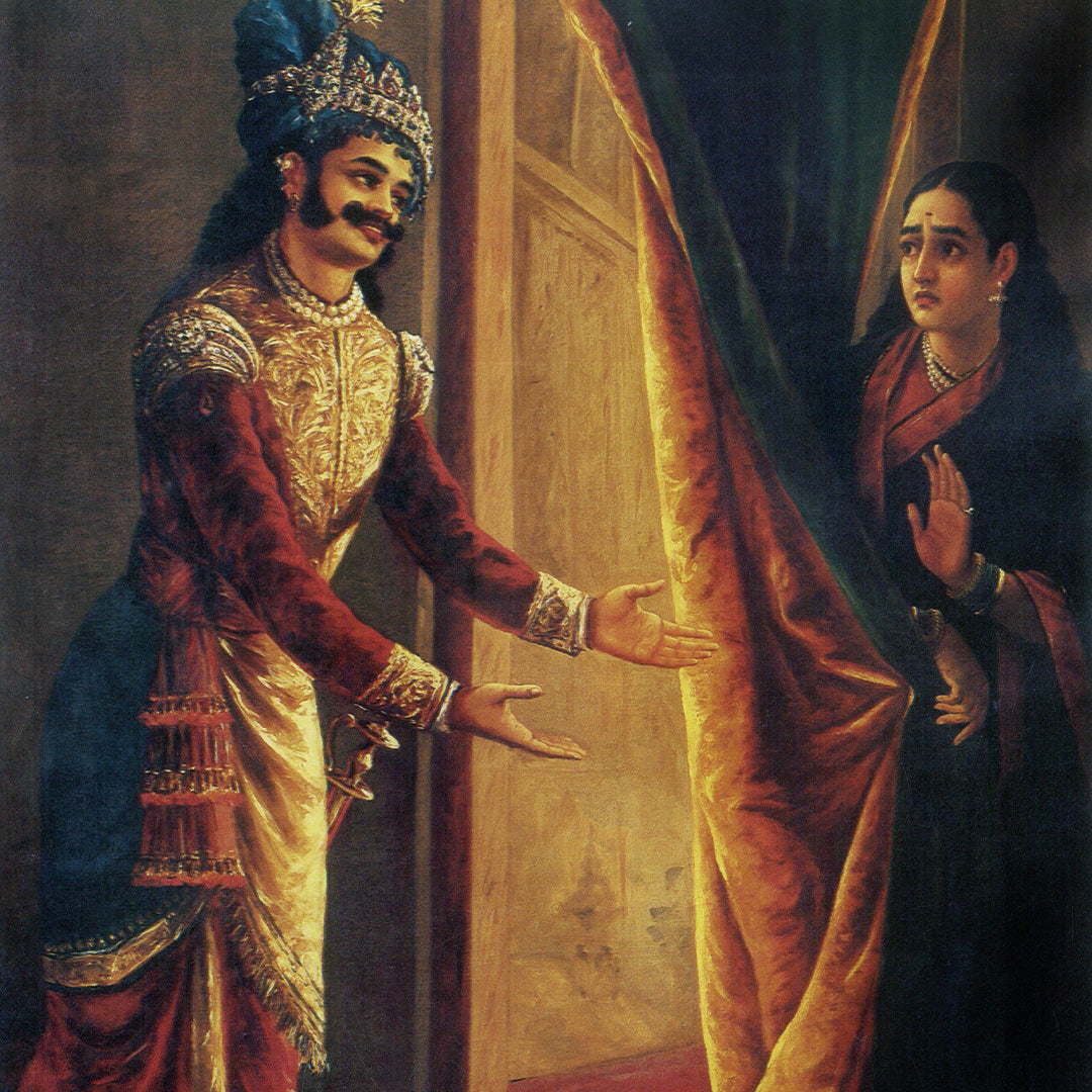 Raja Ravi Varma Artwork Painting - Draupadi as Sairandhri fends off Kichaka's advances