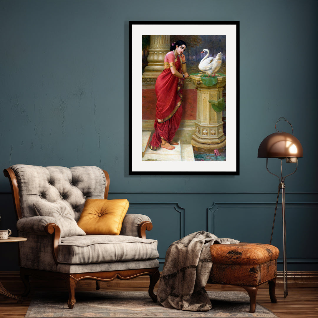 Raja Ravi Varma Artwork Painting - Ravi Varma-Princess Damayanthi talking with Royal Swan about Nala