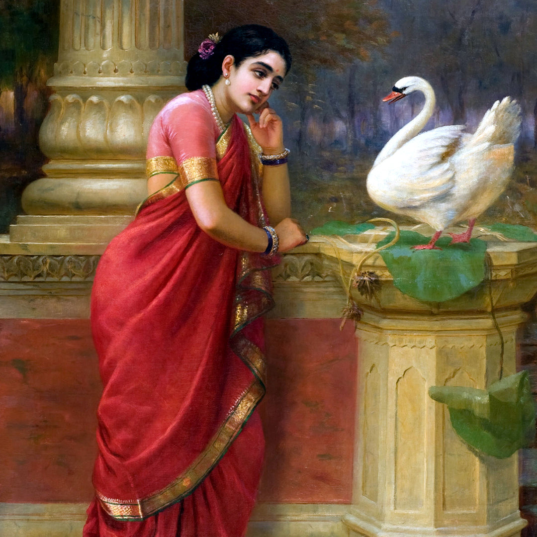 Raja Ravi Varma Artwork Painting - Ravi Varma-Princess Damayanthi talking with Royal Swan about Nala