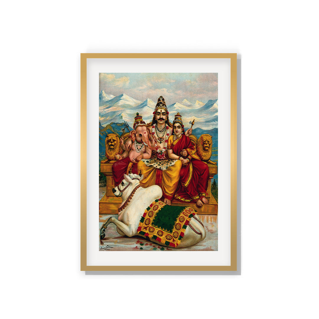 Raja Ravi Varma Artwork Painting - Shiva, Parvati and Ganesha enthroned on Mount Kailas with Nandi the bull