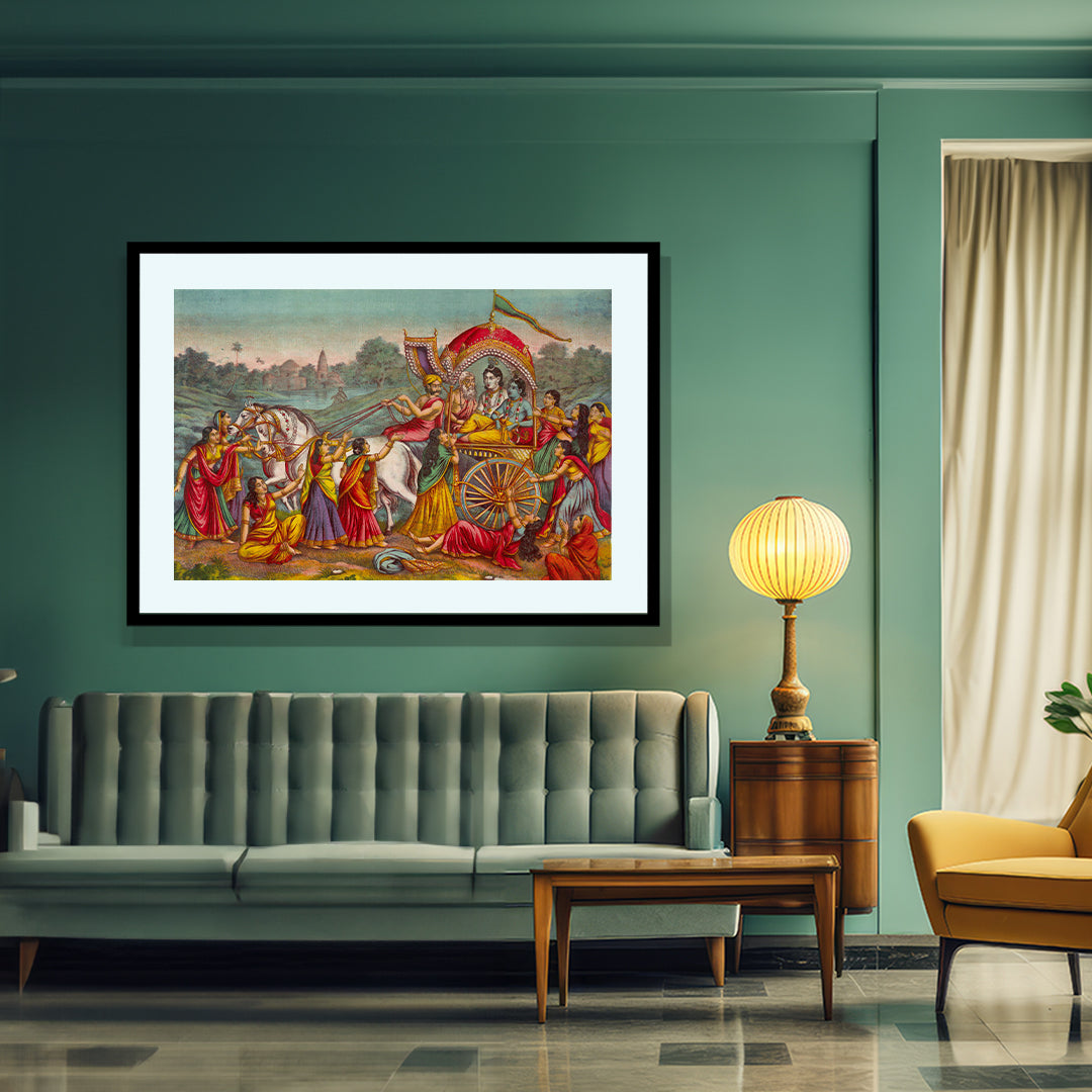 Raja Ravi Varma Artwork Painting - Krishna and Balarama are seated in a chariot driven by Akrura
