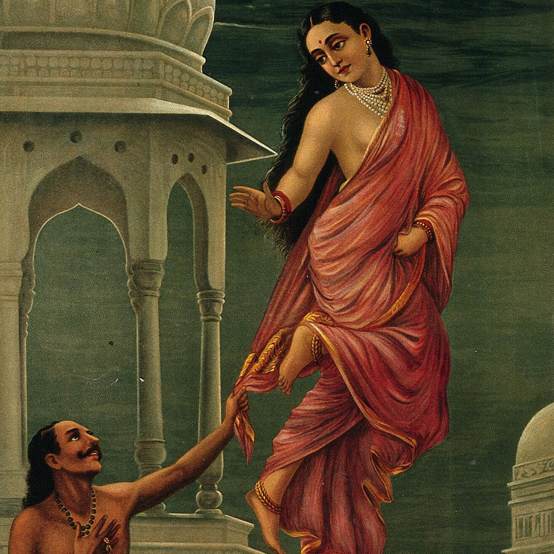 Raja Ravi Varma Artwork Painting - Urvashi abandons Pururavas